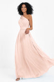 One Shoulder Chiffon Maxi Bridesmaid Dress Ruched Pleated Sleeveless Formal Evening Dresses