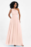 One Shoulder Chiffon Maxi Bridesmaid Dress Ruched Pleated Sleeveless Formal Evening Dresses
