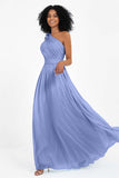 One Shoulder Chiffon Maxi Bridesmaid Dress Ruched Pleated Sleeveless Formal Evening Dresses
