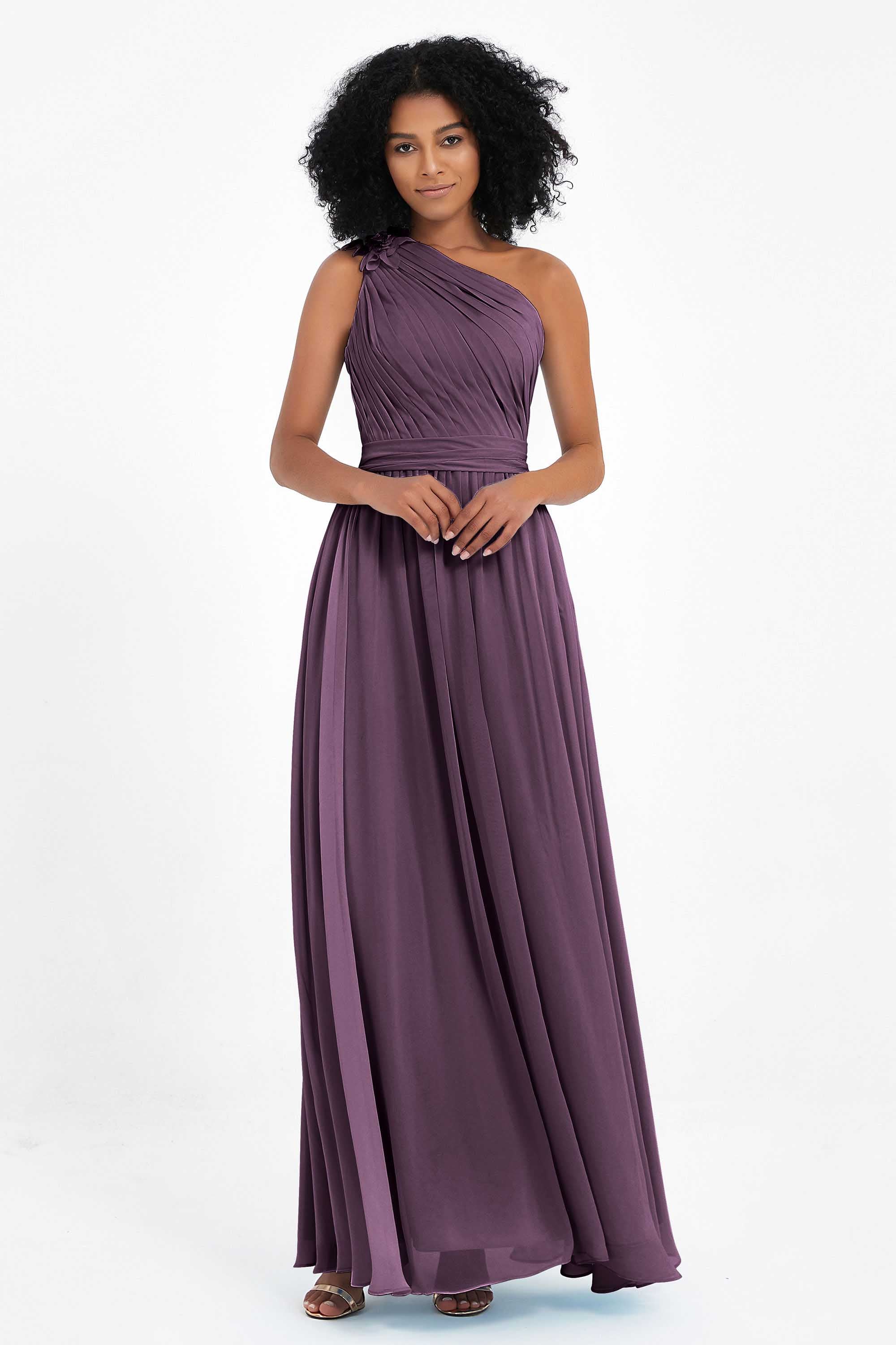 One Shoulder Chiffon Maxi Bridesmaid Dress Ruched Pleated Sleeveless Formal Evening Dresses