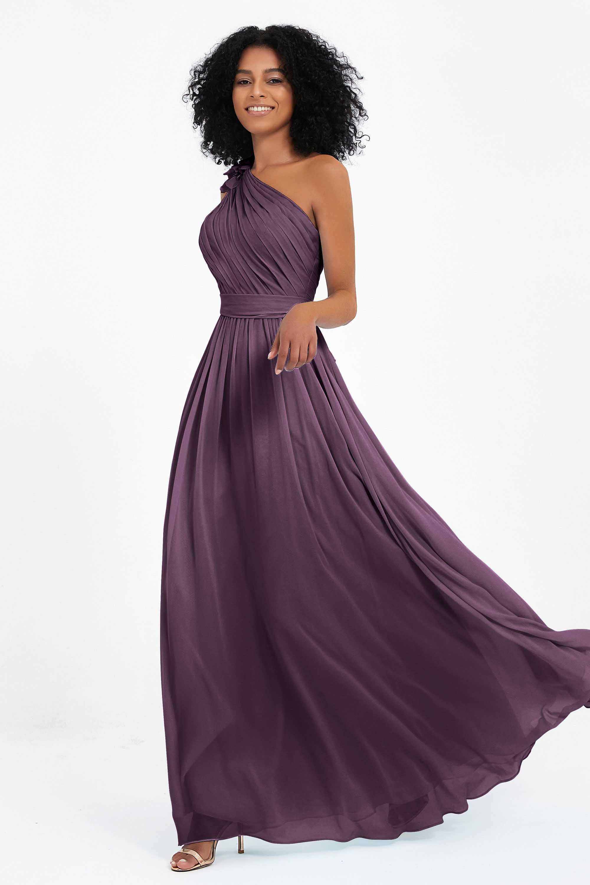 One Shoulder Chiffon Maxi Bridesmaid Dress Ruched Pleated Sleeveless Formal Evening Dresses