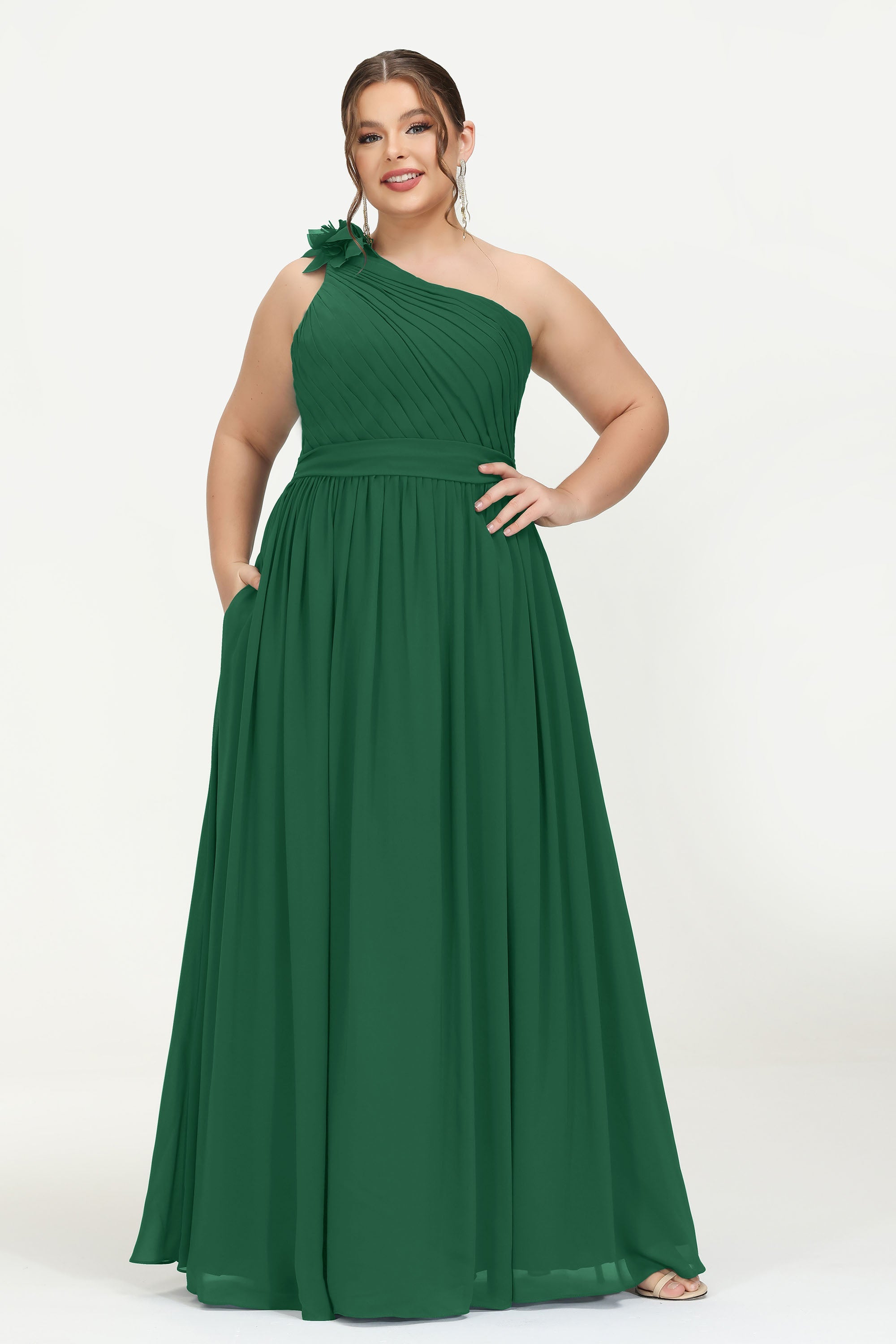 One Shoulder Chiffon Maxi Bridesmaid Dress Ruched Pleated Sleeveless Formal Evening Dresses