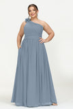One Shoulder Chiffon Maxi Bridesmaid Dress Ruched Pleated Sleeveless Formal Evening Dresses