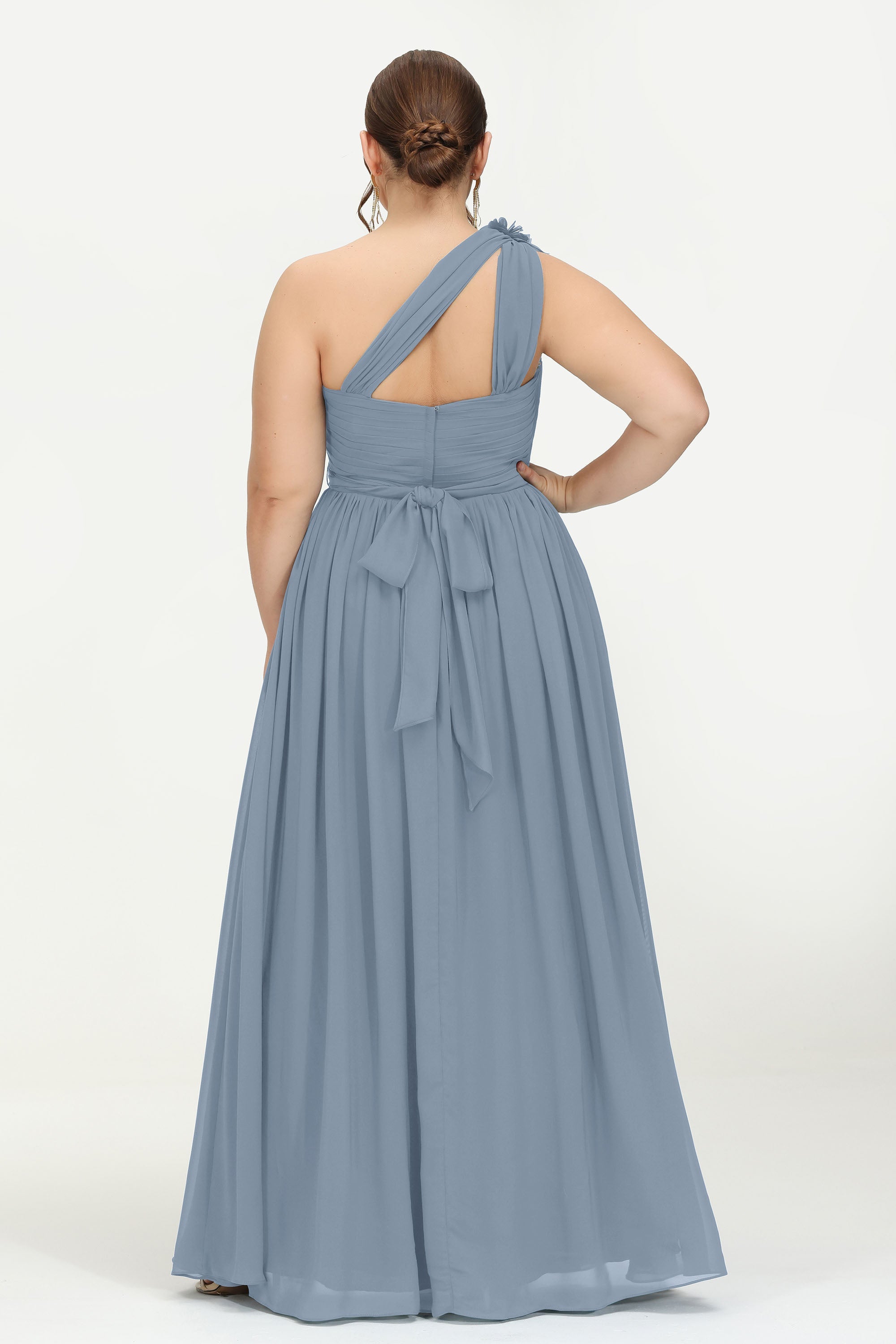 One Shoulder Chiffon Maxi Bridesmaid Dress Ruched Pleated Sleeveless Formal Evening Dresses
