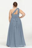 One Shoulder Chiffon Maxi Bridesmaid Dress Ruched Pleated Sleeveless Formal Evening Dresses