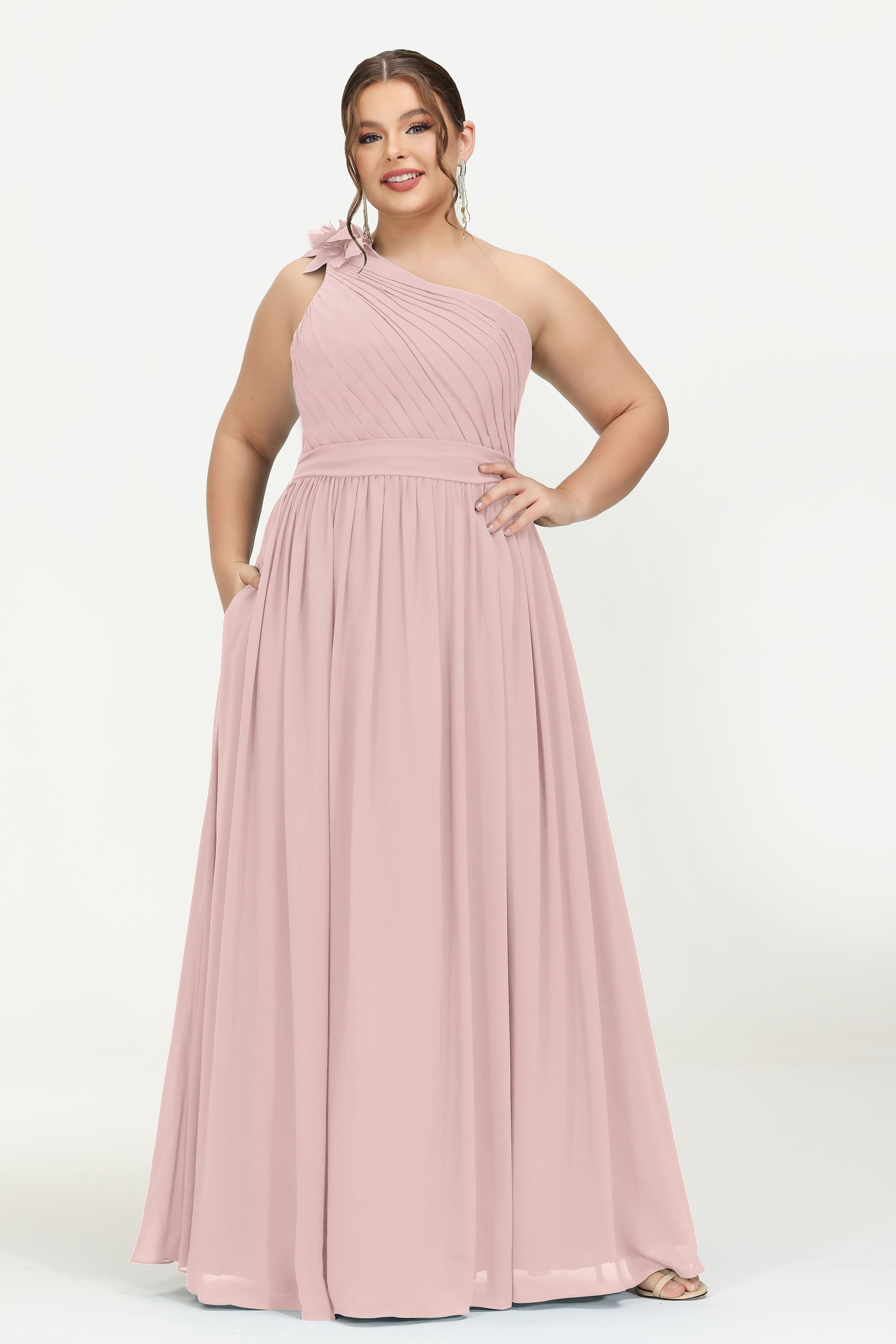 One Shoulder Chiffon Maxi Bridesmaid Dress Ruched Pleated Sleeveless Formal Evening Dresses