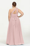 One Shoulder Chiffon Maxi Bridesmaid Dress Ruched Pleated Sleeveless Formal Evening Dresses
