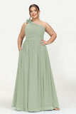 One Shoulder Chiffon Maxi Bridesmaid Dress Ruched Pleated Sleeveless Formal Evening Dresses