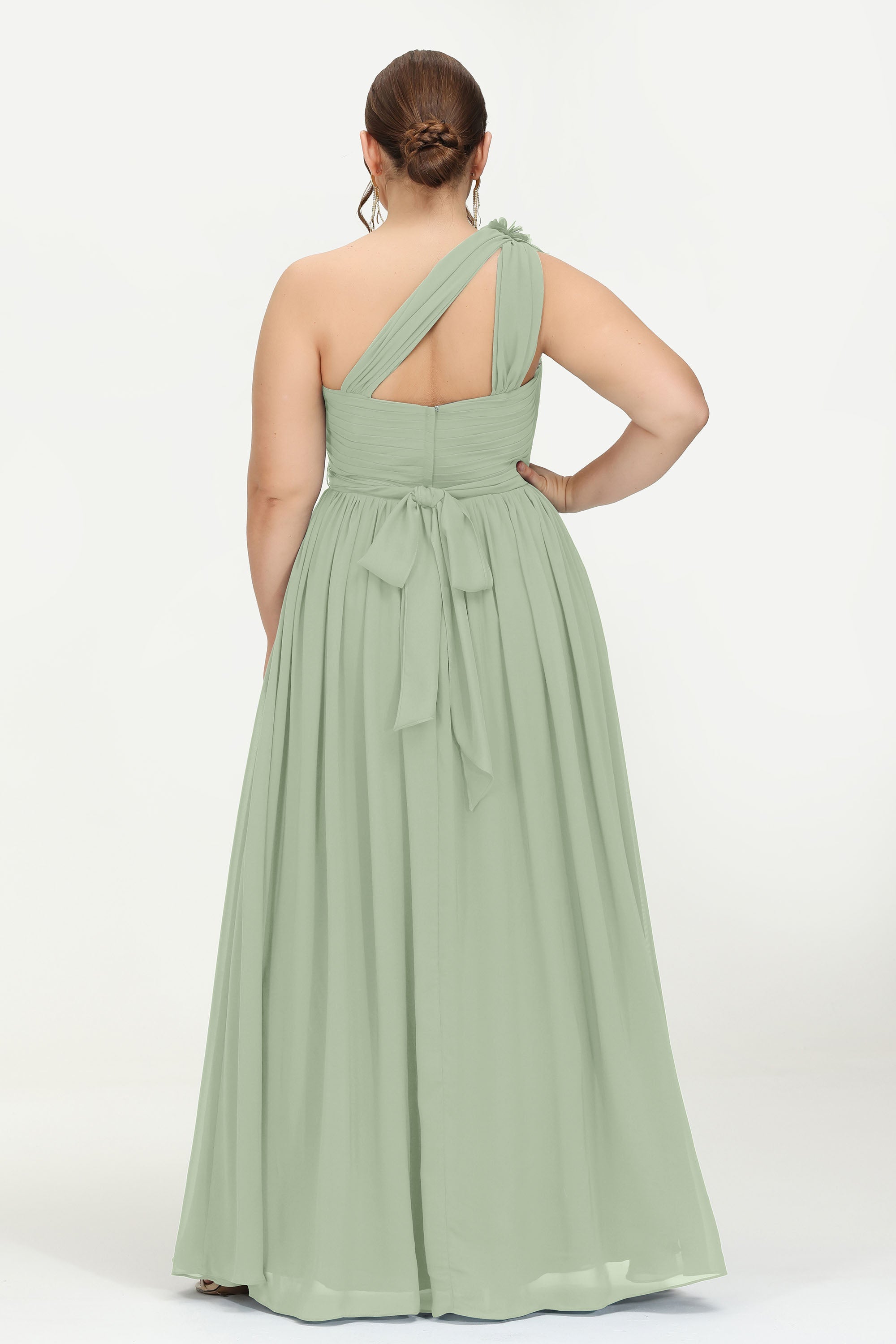 One Shoulder Chiffon Maxi Bridesmaid Dress Ruched Pleated Sleeveless Formal Evening Dresses