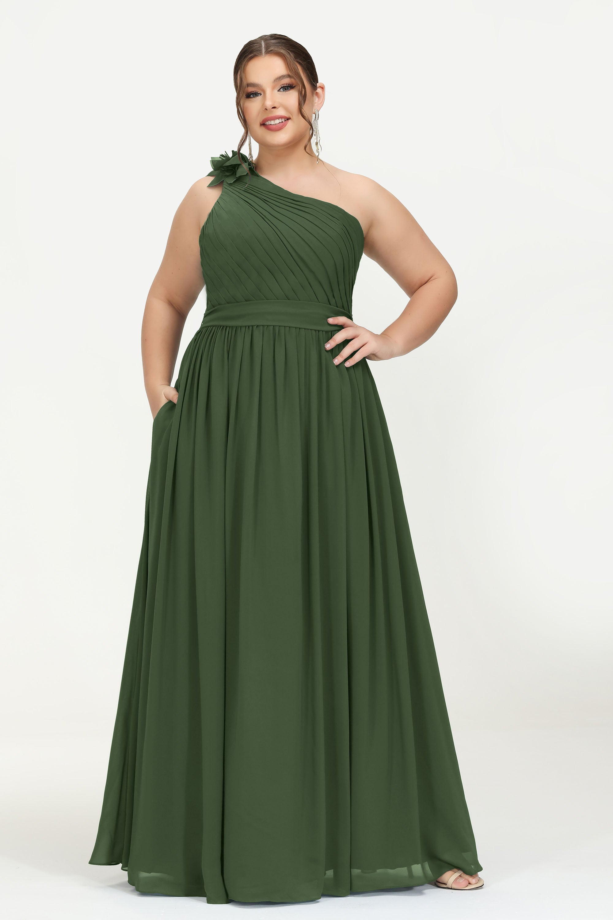 One Shoulder Chiffon Maxi Bridesmaid Dress Ruched Pleated Sleeveless Formal Evening Dresses