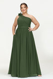One Shoulder Chiffon Maxi Bridesmaid Dress Ruched Pleated Sleeveless Formal Evening Dresses