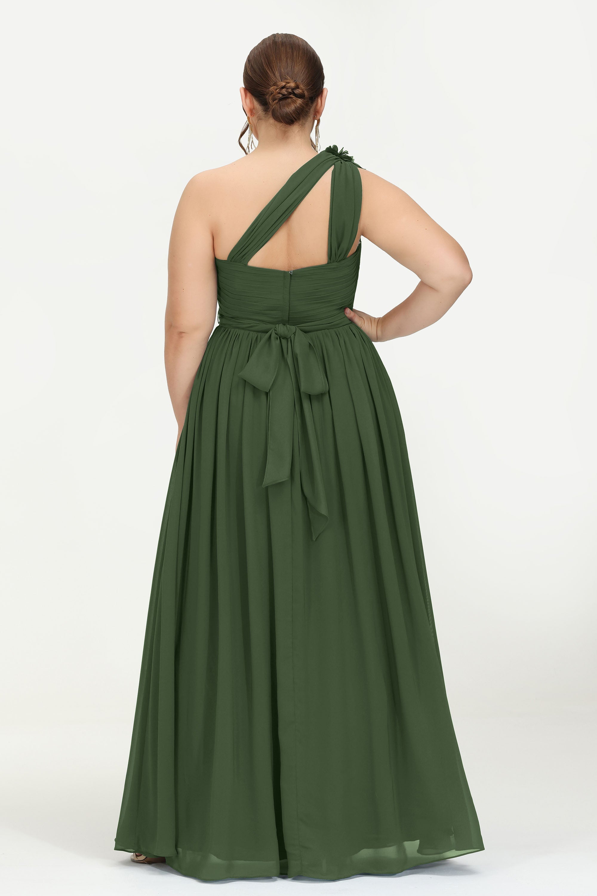 One Shoulder Chiffon Maxi Bridesmaid Dress Ruched Pleated Sleeveless Formal Evening Dresses