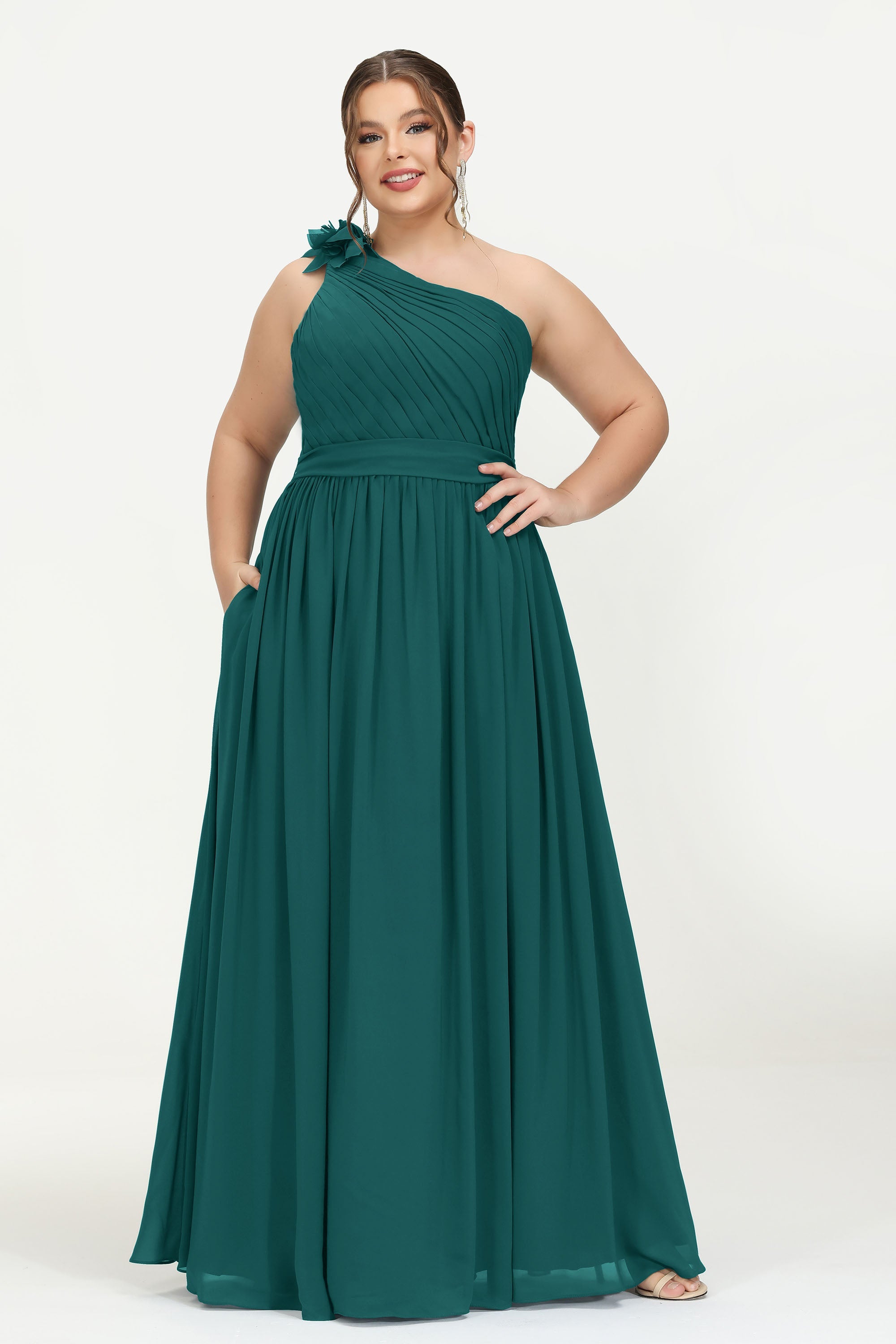 One Shoulder Chiffon Maxi Bridesmaid Dress Ruched Pleated Sleeveless Formal Evening Dresses