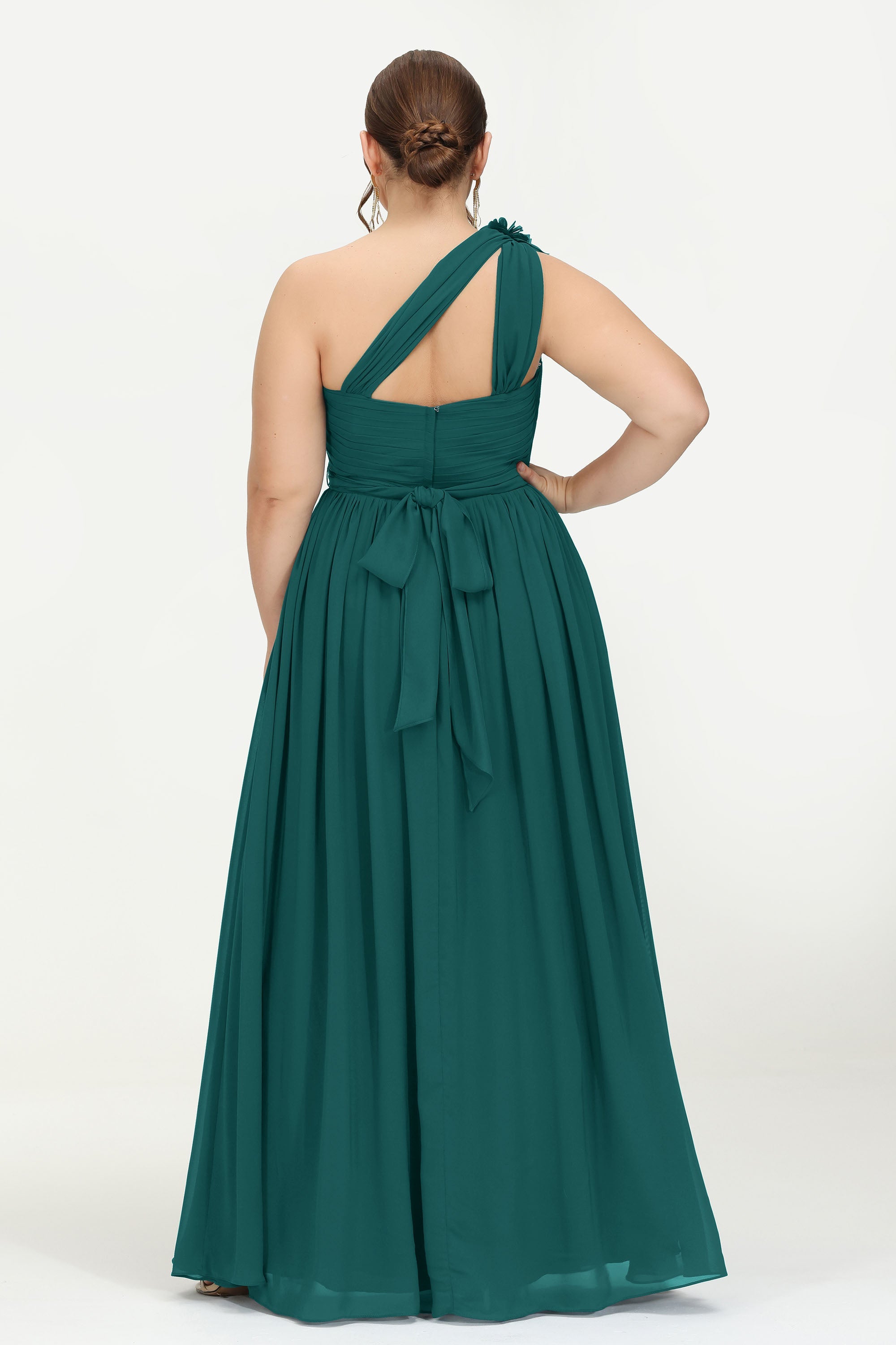 One Shoulder Chiffon Maxi Bridesmaid Dress Ruched Pleated Sleeveless Formal Evening Dresses