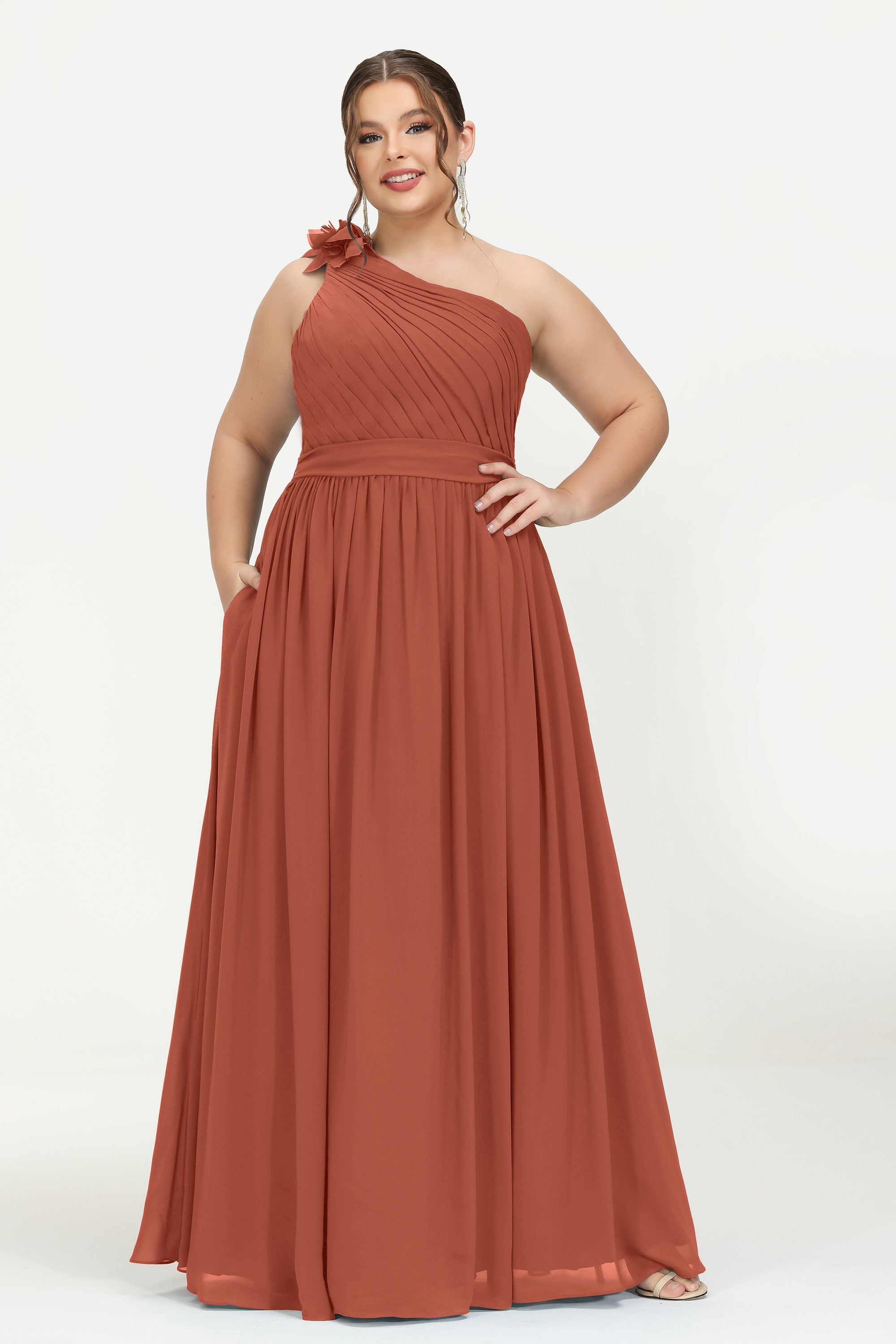 One Shoulder Chiffon Maxi Bridesmaid Dress Ruched Pleated Sleeveless Formal Evening Dresses
