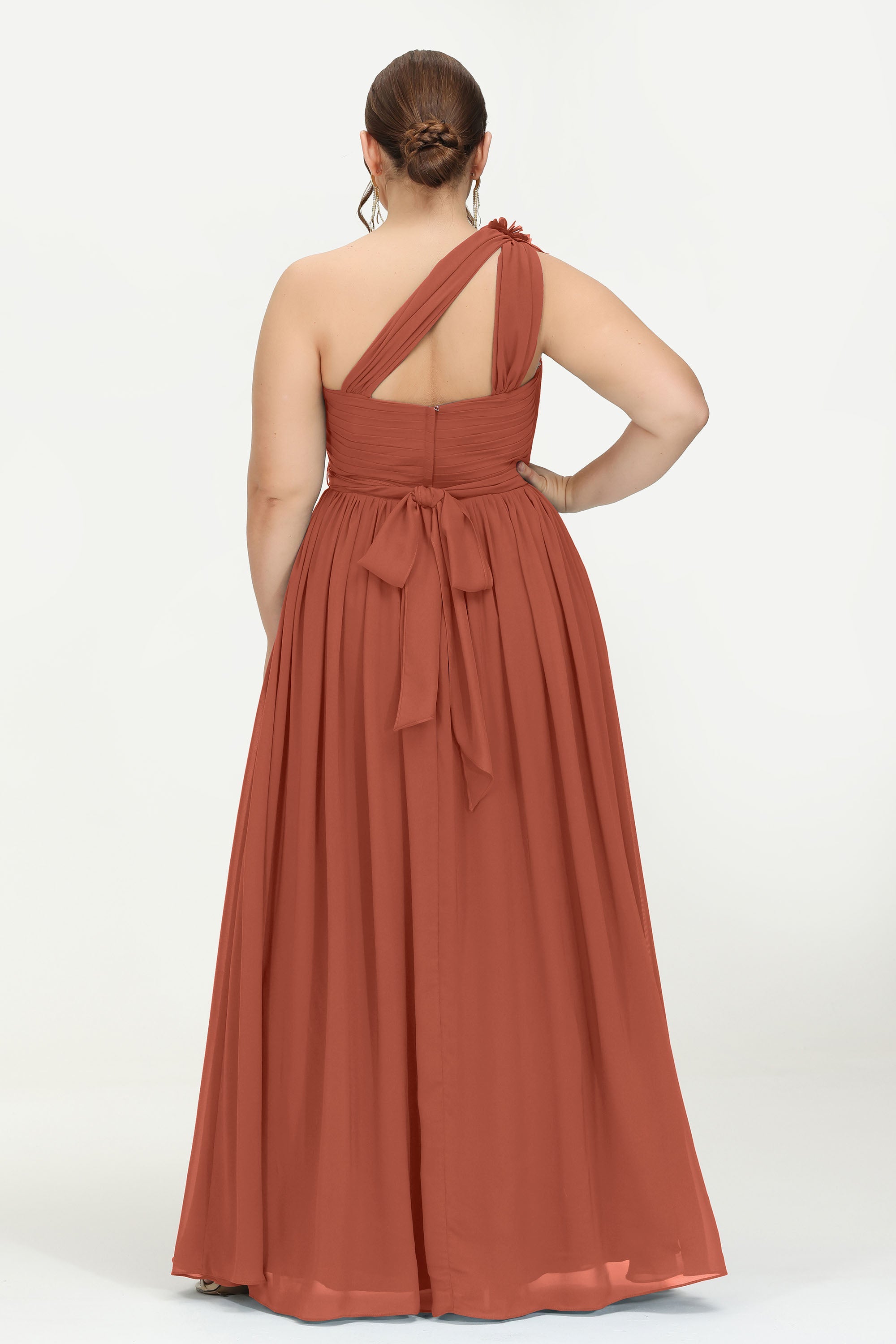 One Shoulder Chiffon Maxi Bridesmaid Dress Ruched Pleated Sleeveless Formal Evening Dresses