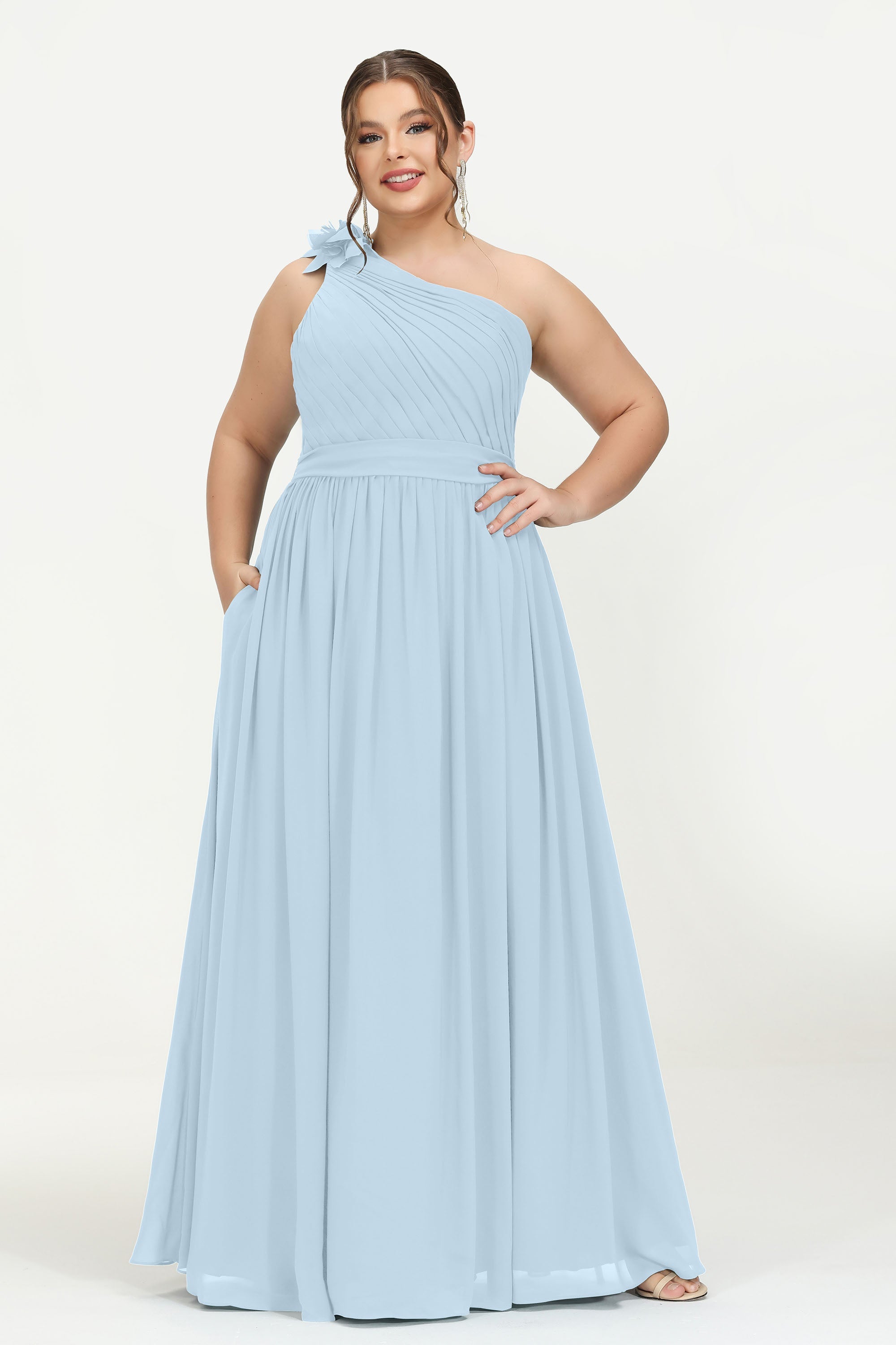 One Shoulder Chiffon Maxi Bridesmaid Dress Ruched Pleated Sleeveless Formal Evening Dresses