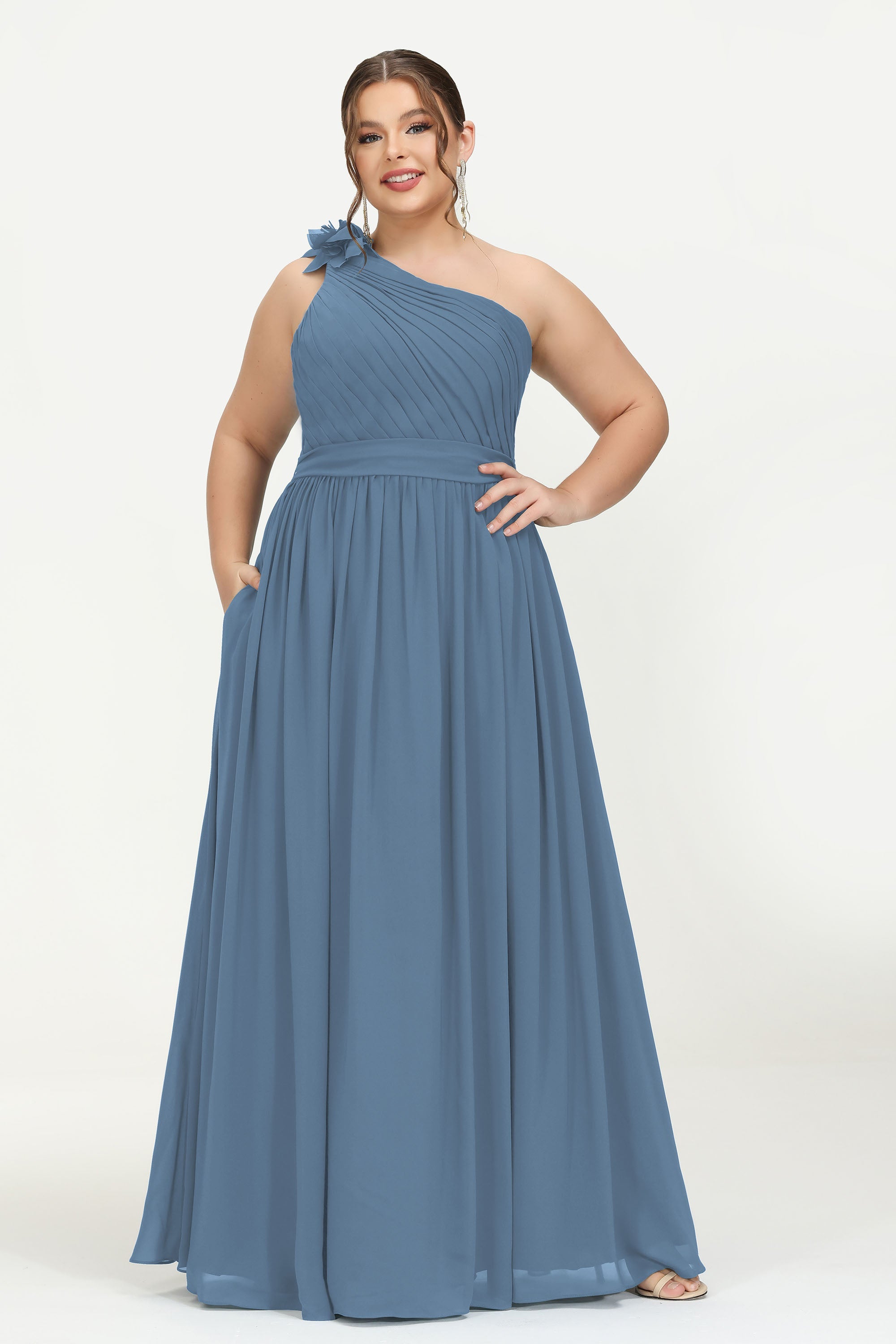 One Shoulder Chiffon Maxi Bridesmaid Dress Ruched Pleated Sleeveless Formal Evening Dresses