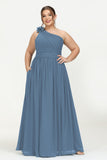 One Shoulder Chiffon Maxi Bridesmaid Dress Ruched Pleated Sleeveless Formal Evening Dresses