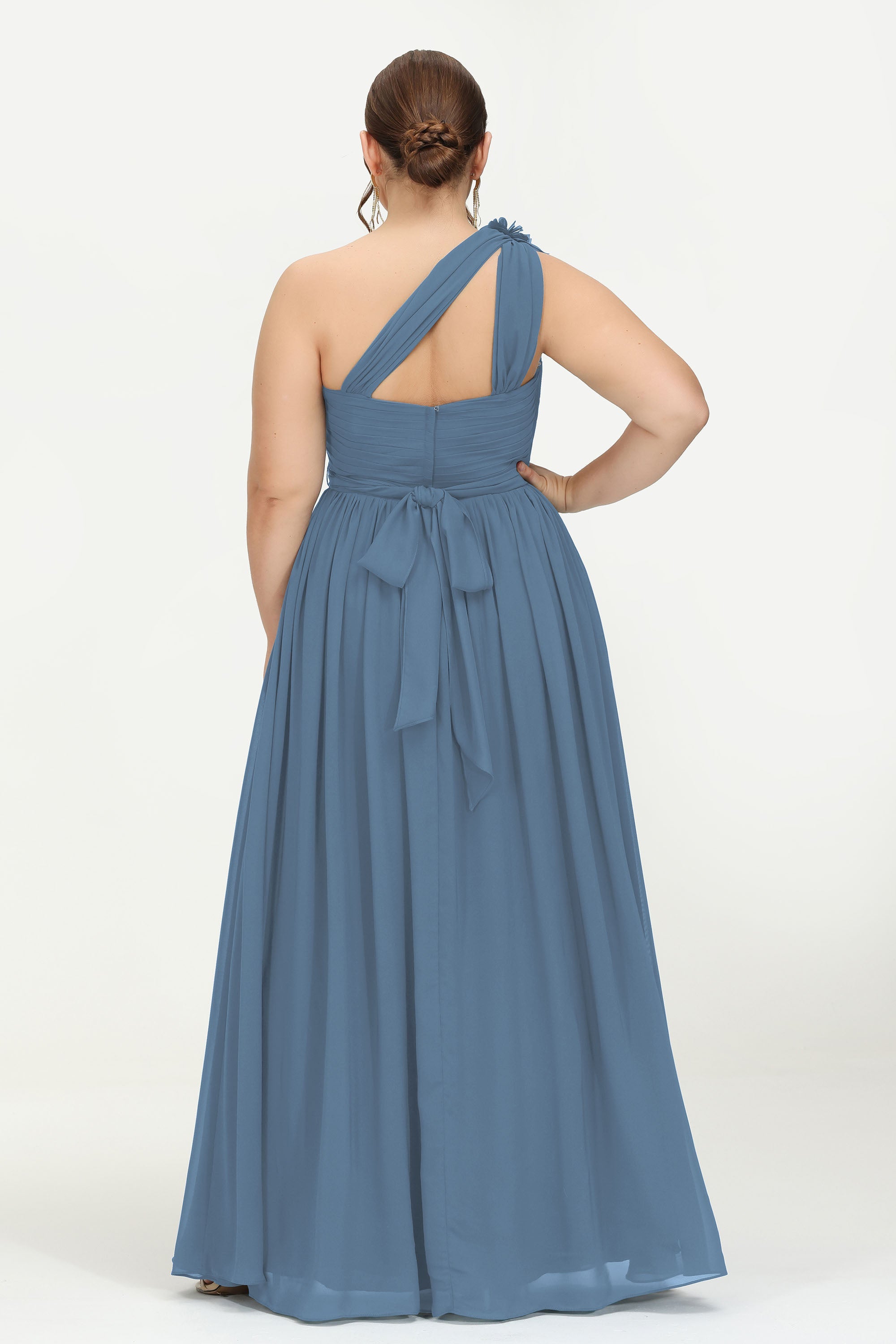 One Shoulder Chiffon Maxi Bridesmaid Dress Ruched Pleated Sleeveless Formal Evening Dresses