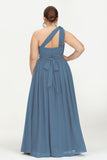 One Shoulder Chiffon Maxi Bridesmaid Dress Ruched Pleated Sleeveless Formal Evening Dresses