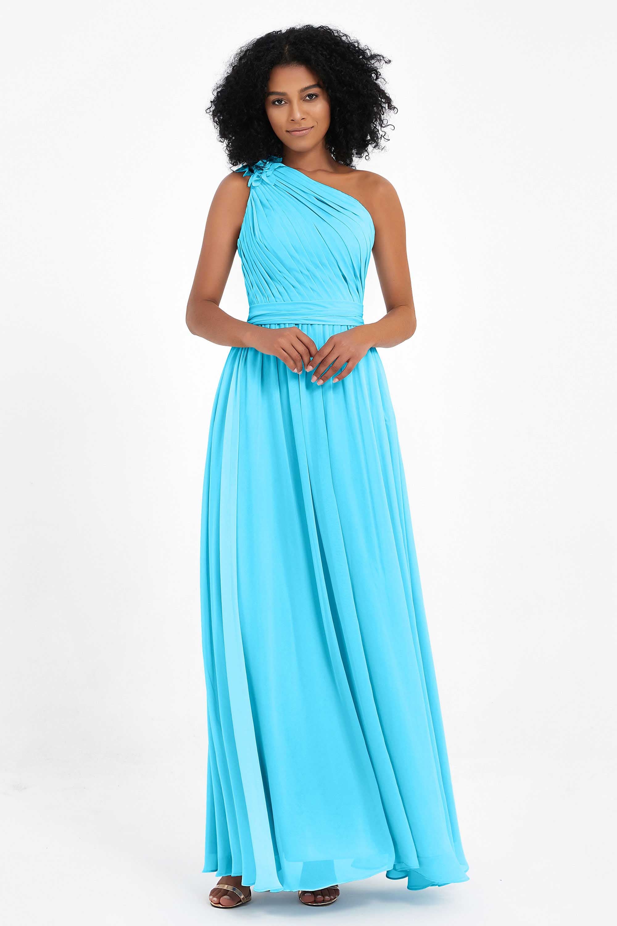 One Shoulder Chiffon Maxi Bridesmaid Dress Ruched Pleated Sleeveless Formal Evening Dresses