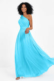 One Shoulder Chiffon Maxi Bridesmaid Dress Ruched Pleated Sleeveless Formal Evening Dresses