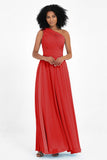 One Shoulder Chiffon Maxi Bridesmaid Dress Ruched Pleated Sleeveless Formal Evening Dresses