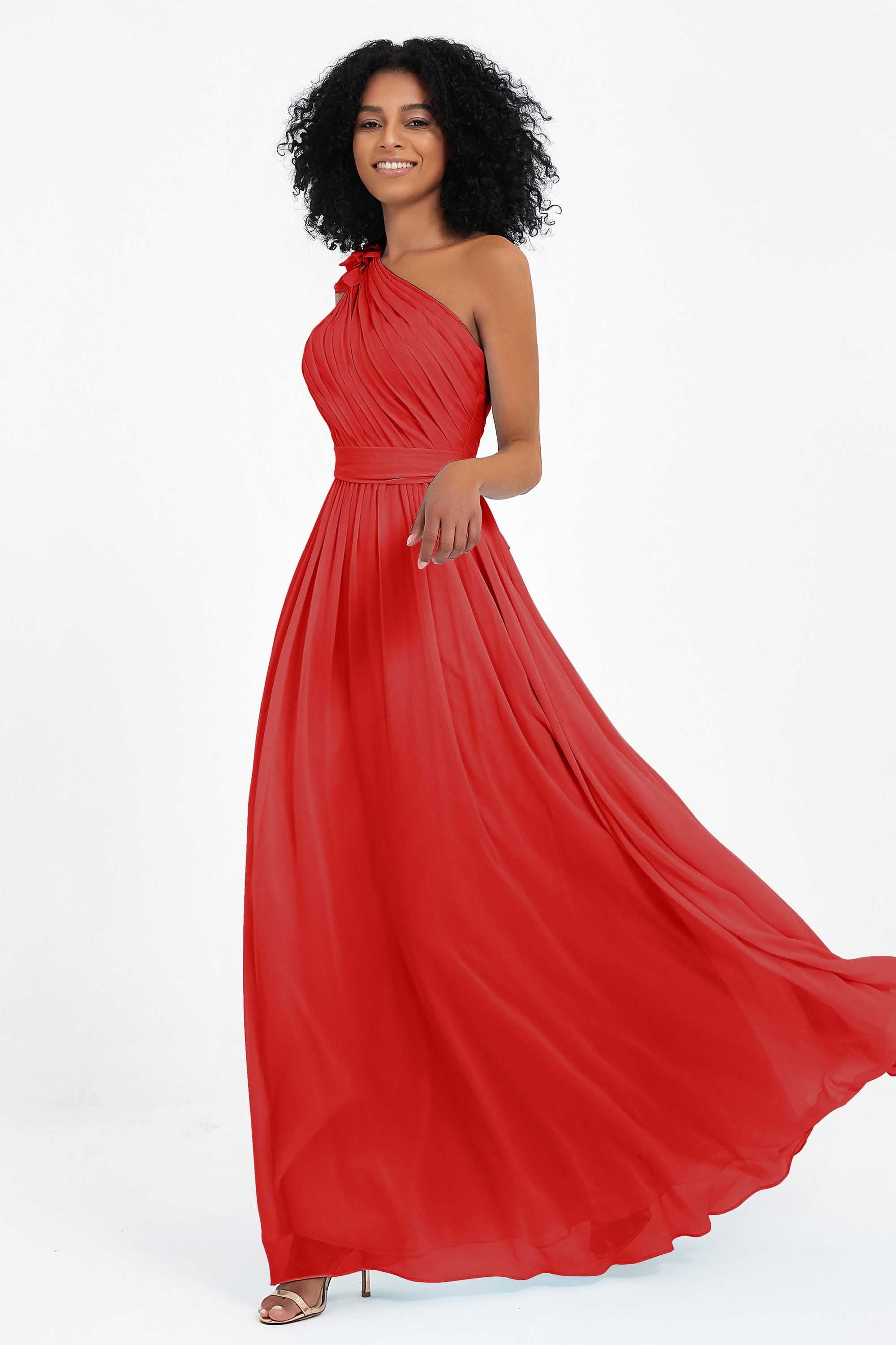 One Shoulder Chiffon Maxi Bridesmaid Dress Ruched Pleated Sleeveless Formal Evening Dresses