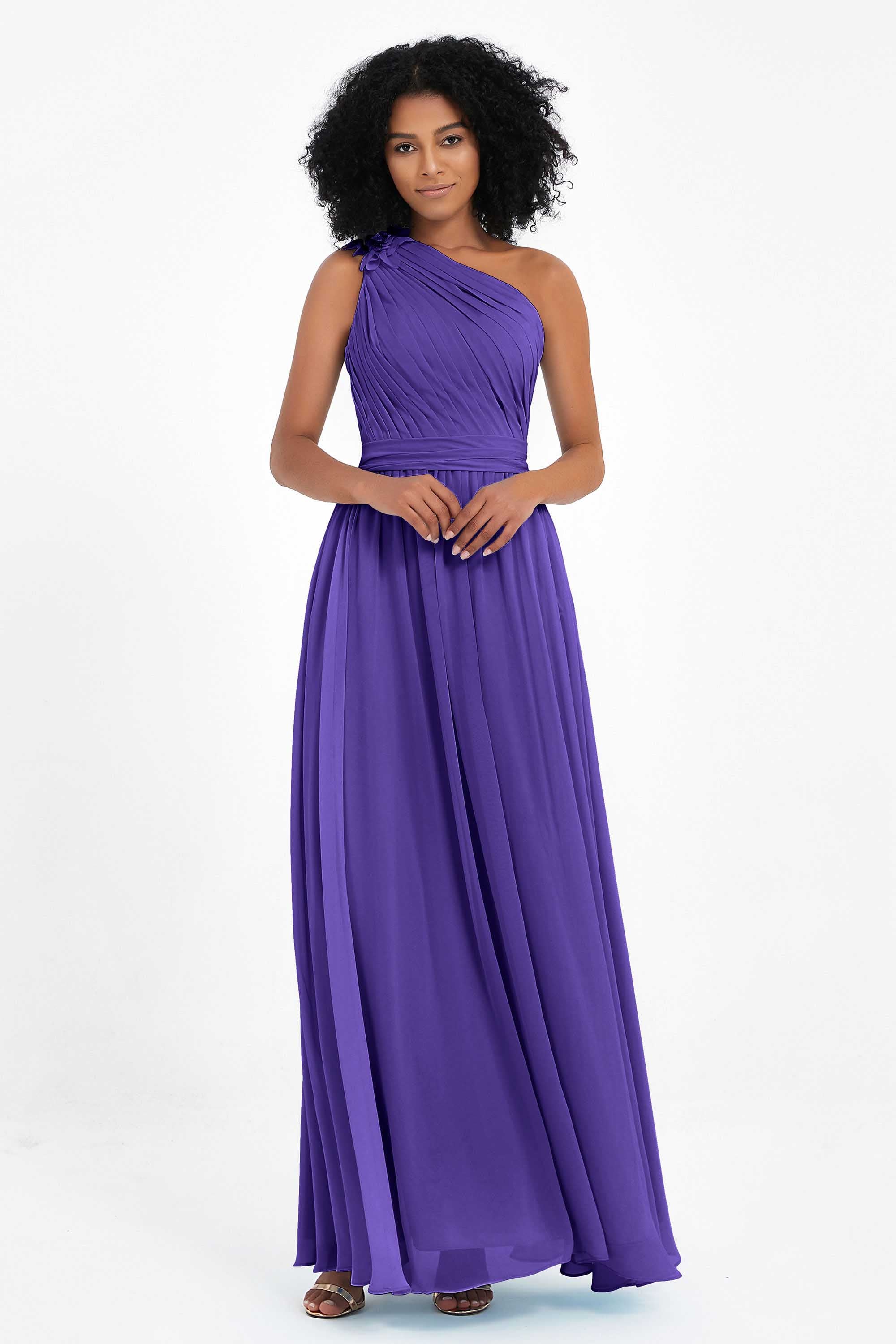 One Shoulder Chiffon Maxi Bridesmaid Dress Ruched Pleated Sleeveless Formal Evening Dresses