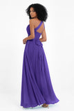 One Shoulder Chiffon Maxi Bridesmaid Dress Ruched Pleated Sleeveless Formal Evening Dresses
