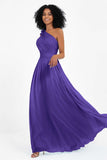 One Shoulder Chiffon Maxi Bridesmaid Dress Ruched Pleated Sleeveless Formal Evening Dresses