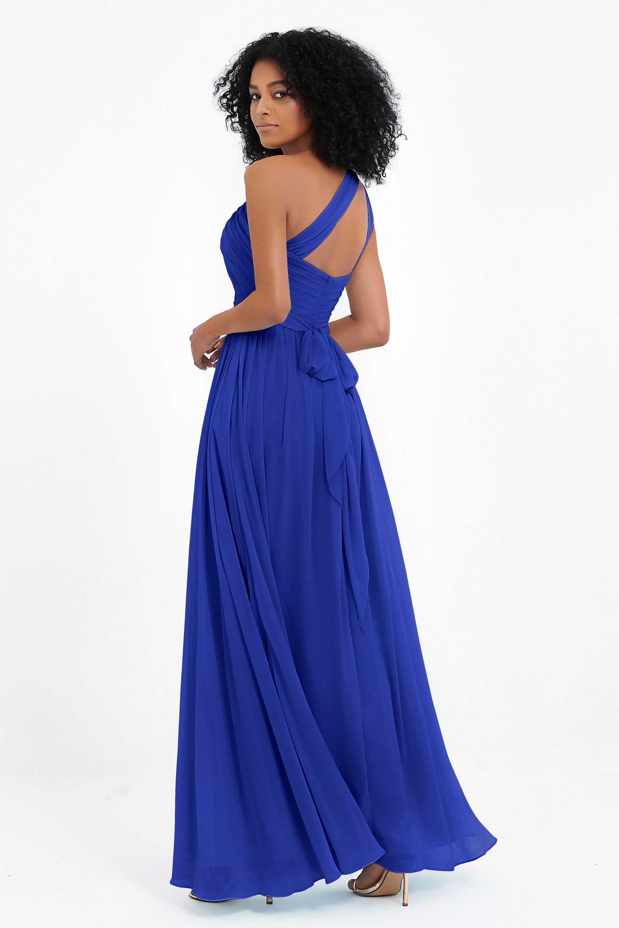 One Shoulder Chiffon Maxi Bridesmaid Dress Ruched Pleated Sleeveless Formal Evening Dresses