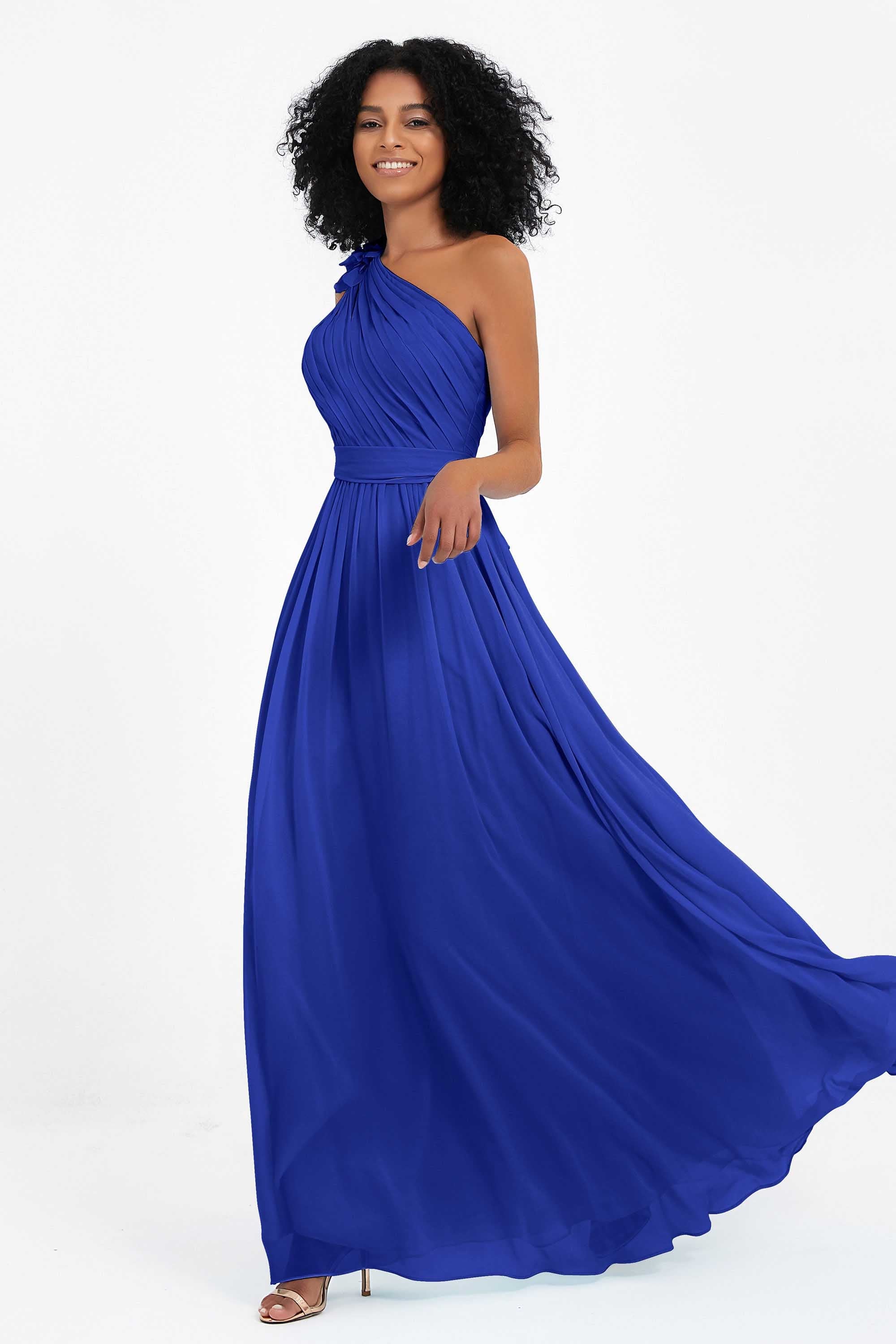 One Shoulder Chiffon Maxi Bridesmaid Dress Ruched Pleated Sleeveless Formal Evening Dresses