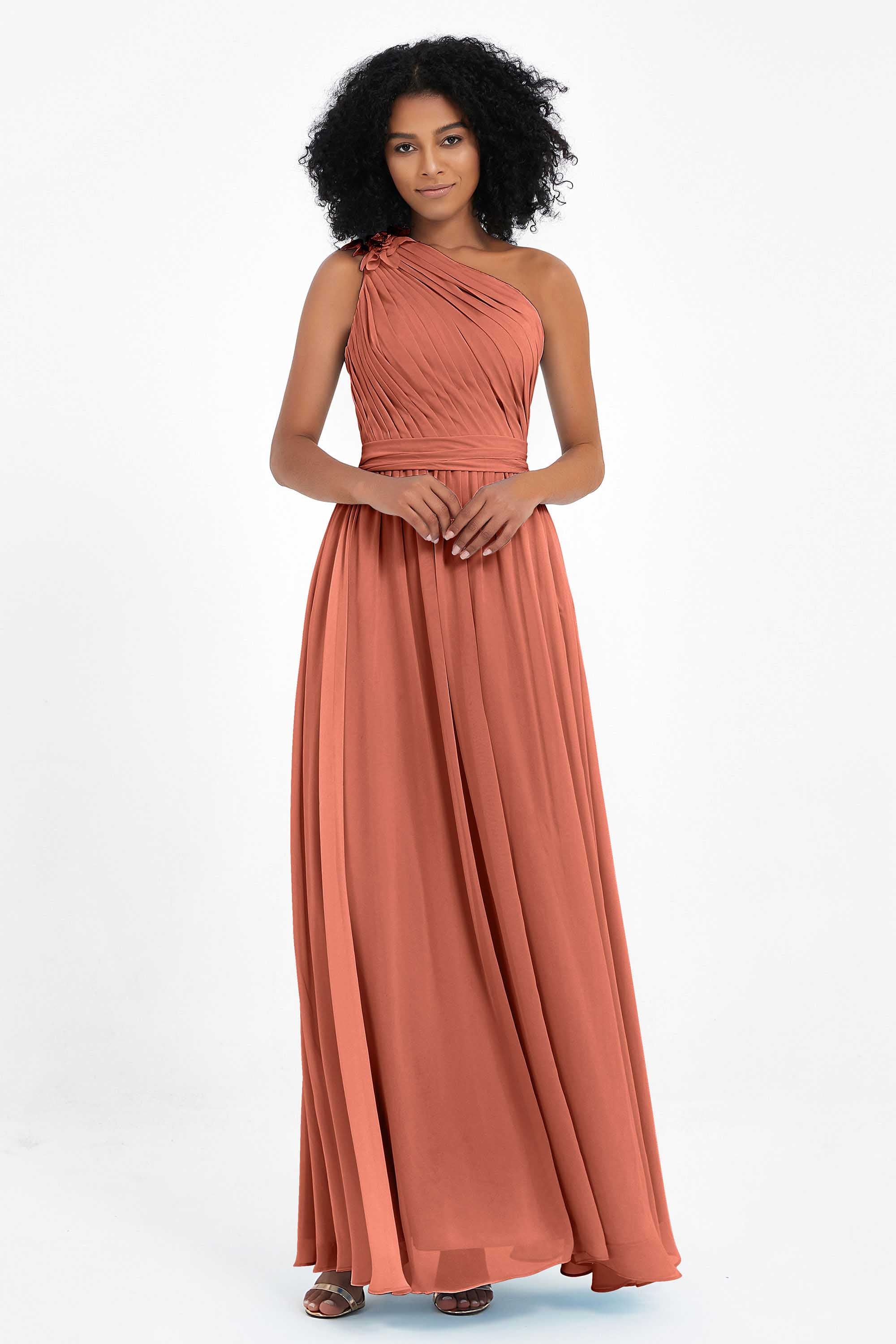 One Shoulder Chiffon Maxi Bridesmaid Dress Ruched Pleated Sleeveless Formal Evening Dresses