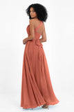 One Shoulder Chiffon Maxi Bridesmaid Dress Ruched Pleated Sleeveless Formal Evening Dresses