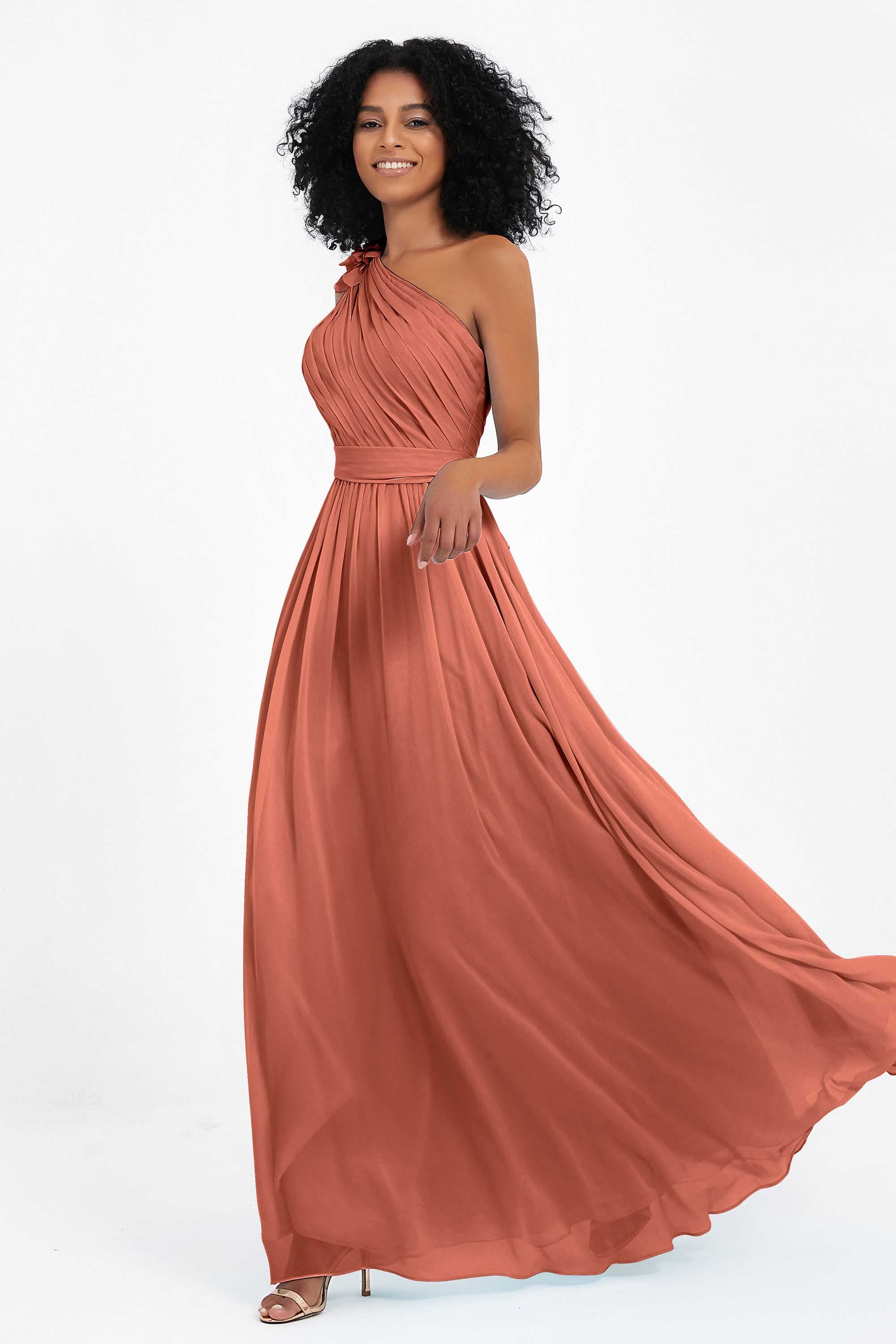 One Shoulder Chiffon Maxi Bridesmaid Dress Ruched Pleated Sleeveless Formal Evening Dresses