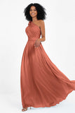 One Shoulder Chiffon Maxi Bridesmaid Dress Ruched Pleated Sleeveless Formal Evening Dresses