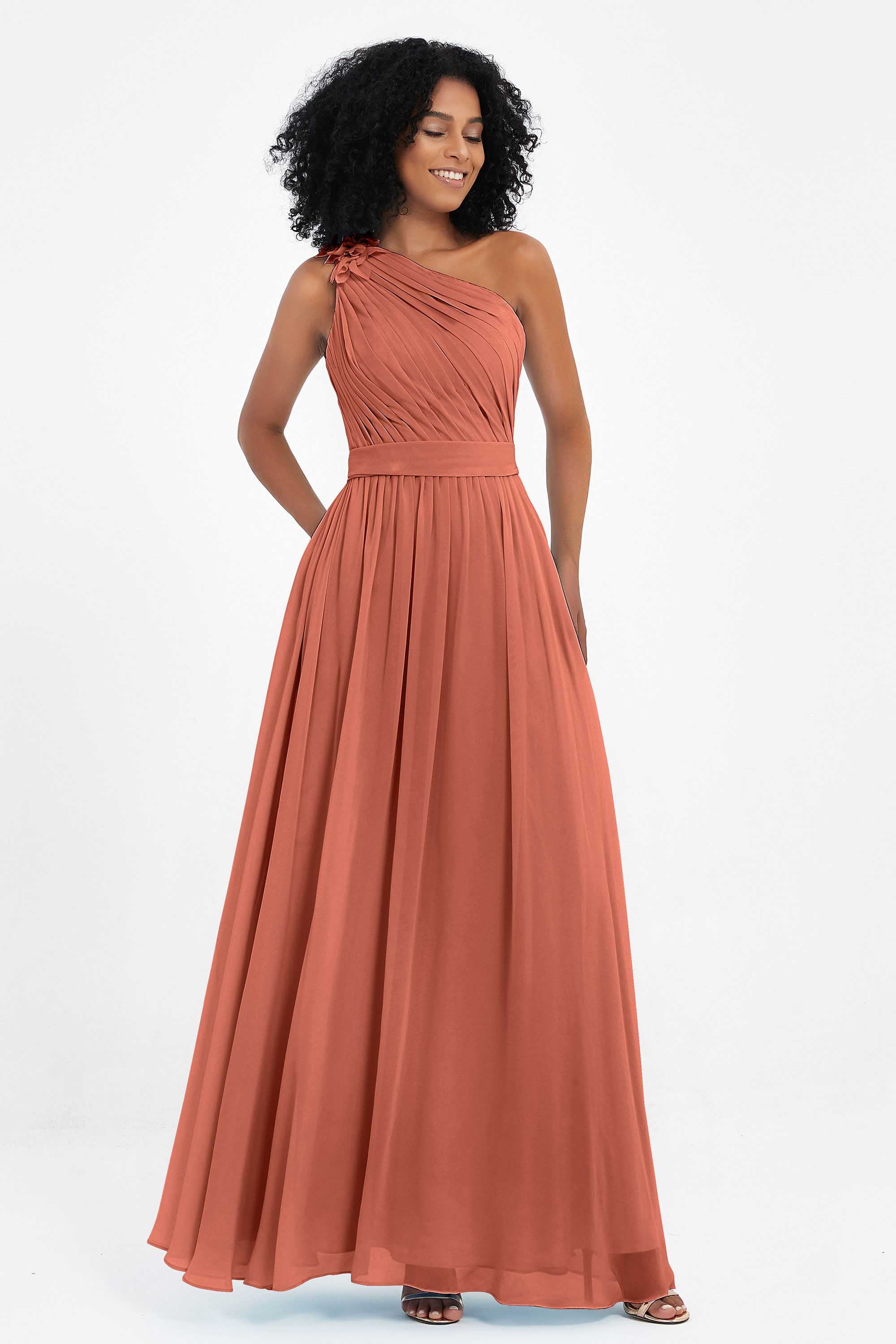 One Shoulder Chiffon Maxi Bridesmaid Dress Ruched Pleated Sleeveless Formal Evening Dresses