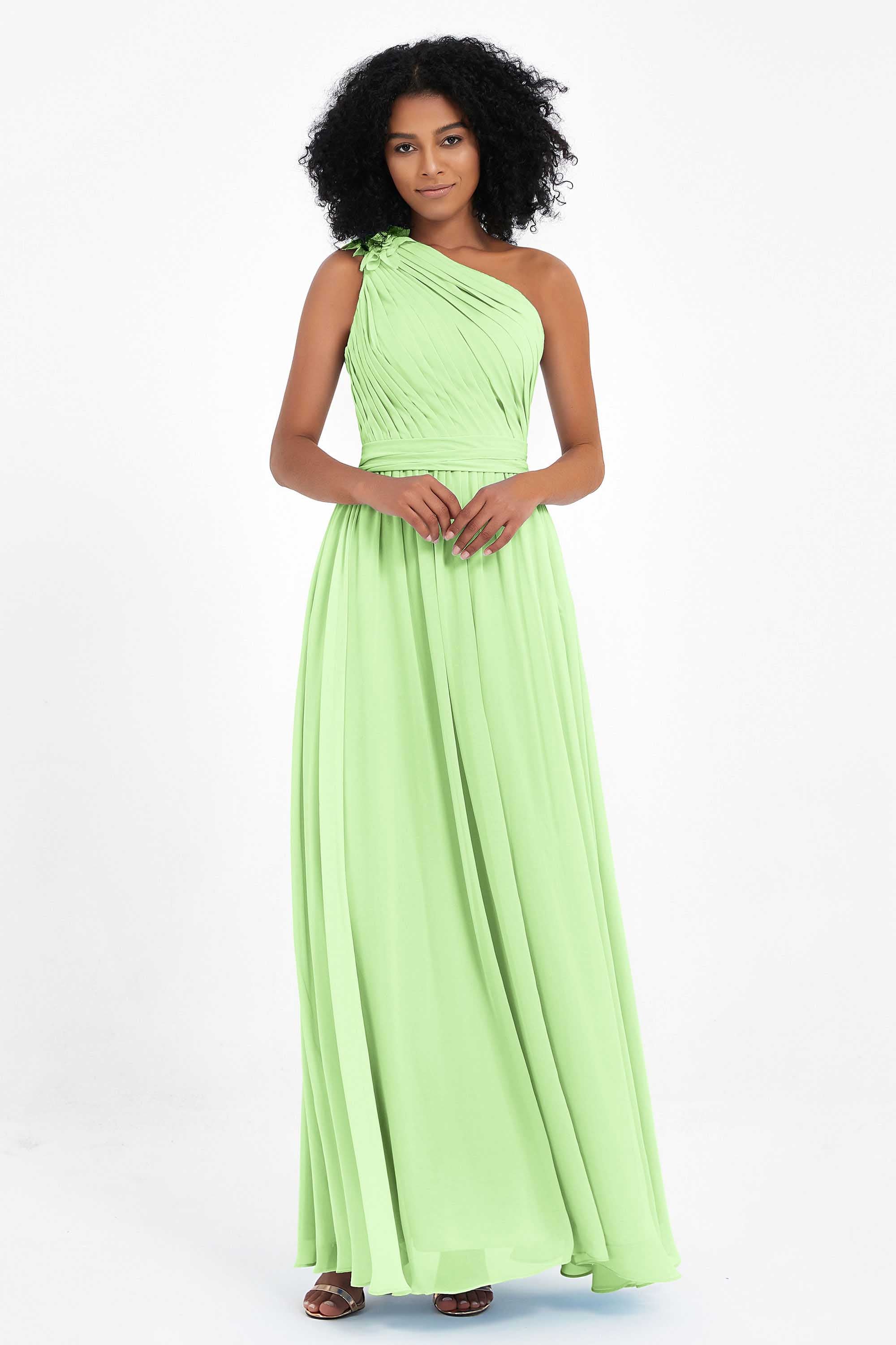 One Shoulder Chiffon Maxi Bridesmaid Dress Ruched Pleated Sleeveless Formal Evening Dresses