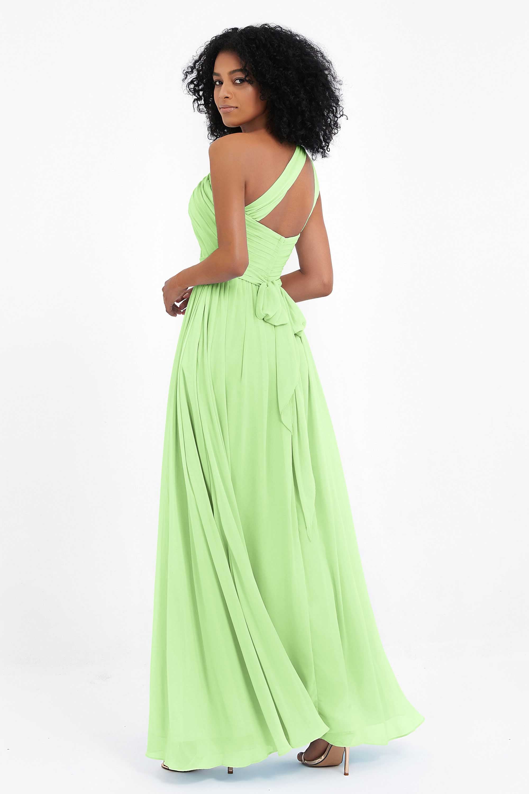 One Shoulder Chiffon Maxi Bridesmaid Dress Ruched Pleated Sleeveless Formal Evening Dresses