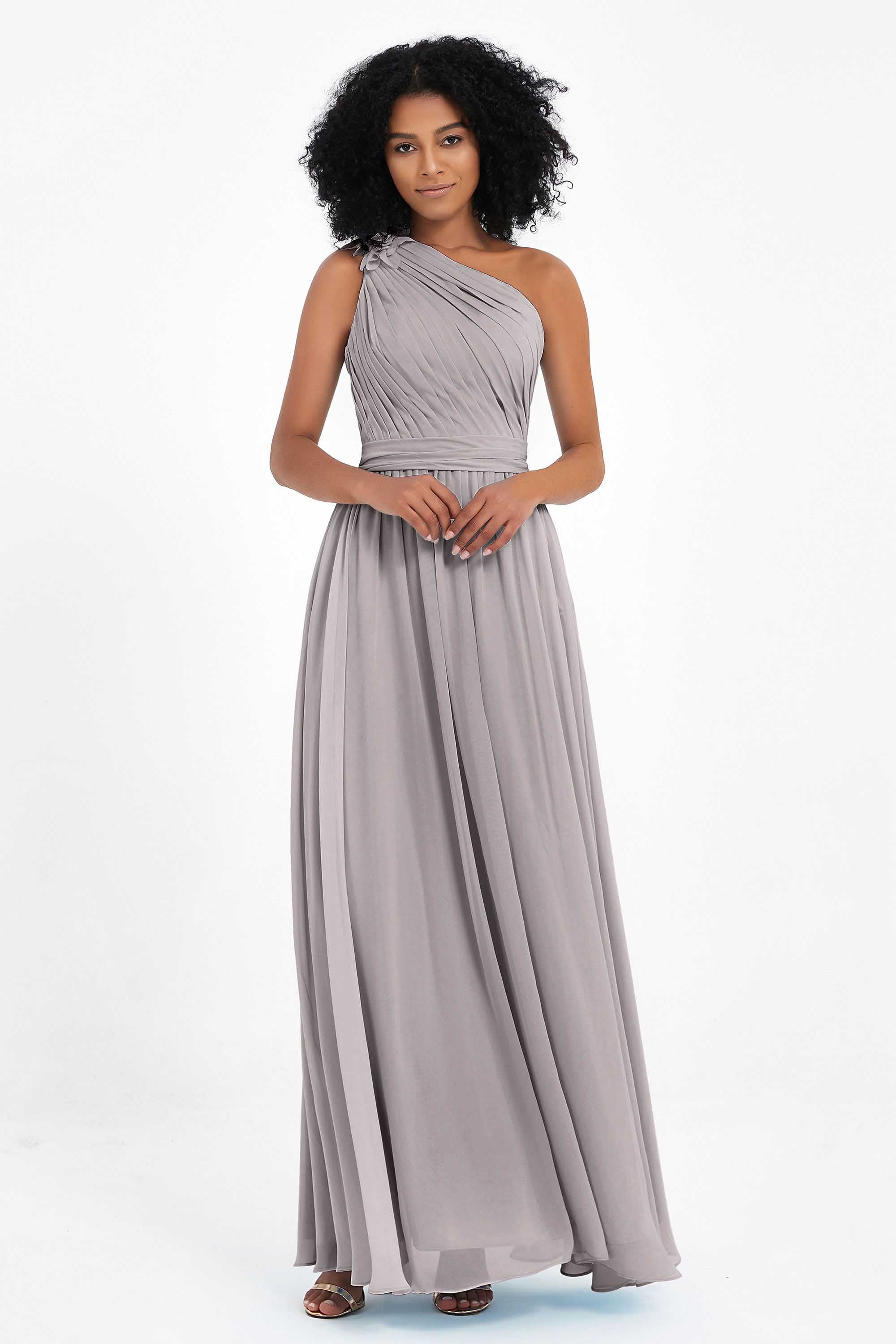 One Shoulder Chiffon Maxi Bridesmaid Dress Ruched Pleated Sleeveless Formal Evening Dresses
