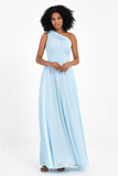 One Shoulder Chiffon Maxi Bridesmaid Dress Ruched Pleated Sleeveless Formal Evening Dresses