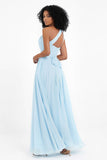 One Shoulder Chiffon Maxi Bridesmaid Dress Ruched Pleated Sleeveless Formal Evening Dresses