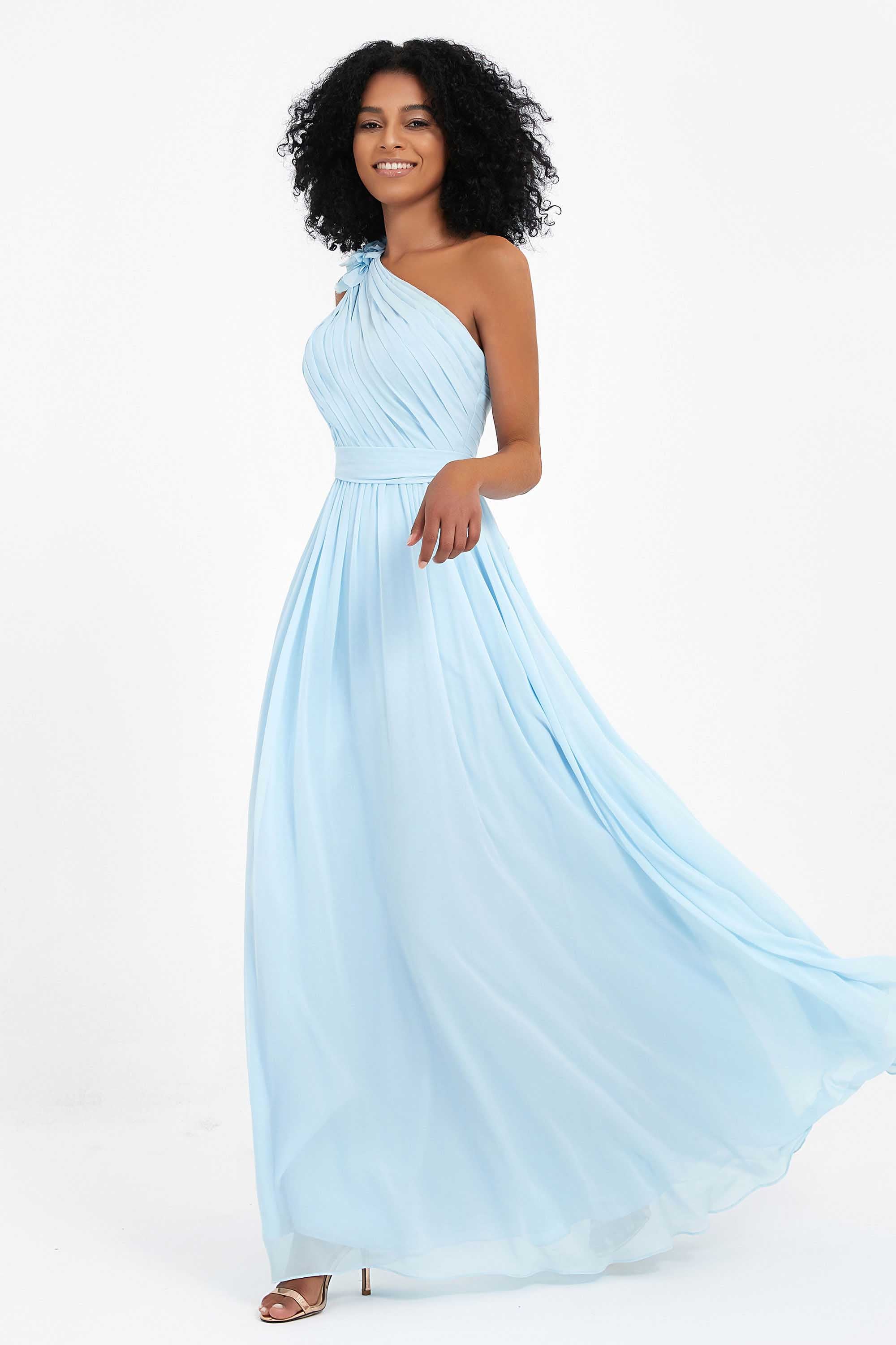 One Shoulder Chiffon Maxi Bridesmaid Dress Ruched Pleated Sleeveless Formal Evening Dresses