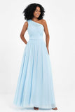 One Shoulder Chiffon Maxi Bridesmaid Dress Ruched Pleated Sleeveless Formal Evening Dresses