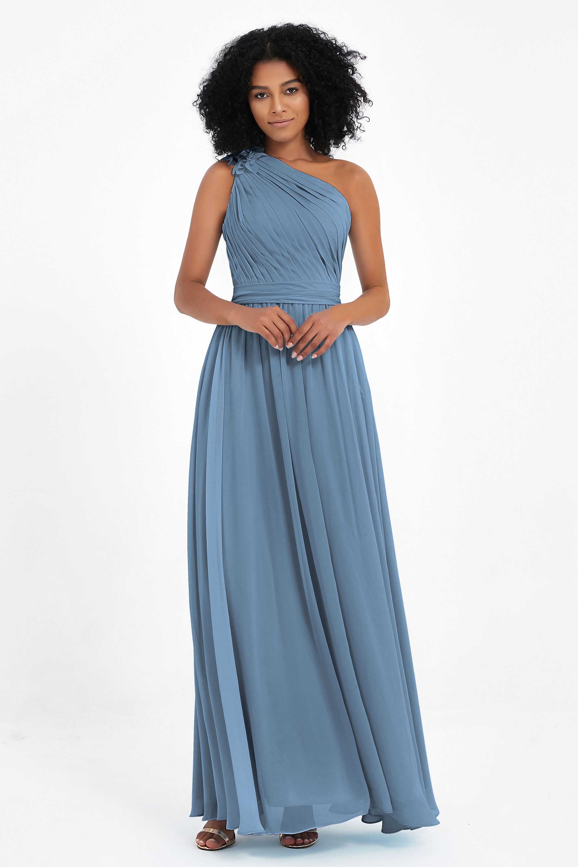 One Shoulder Chiffon Maxi Bridesmaid Dress Ruched Pleated Sleeveless Formal Evening Dresses
