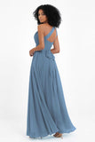 One Shoulder Chiffon Maxi Bridesmaid Dress Ruched Pleated Sleeveless Formal Evening Dresses