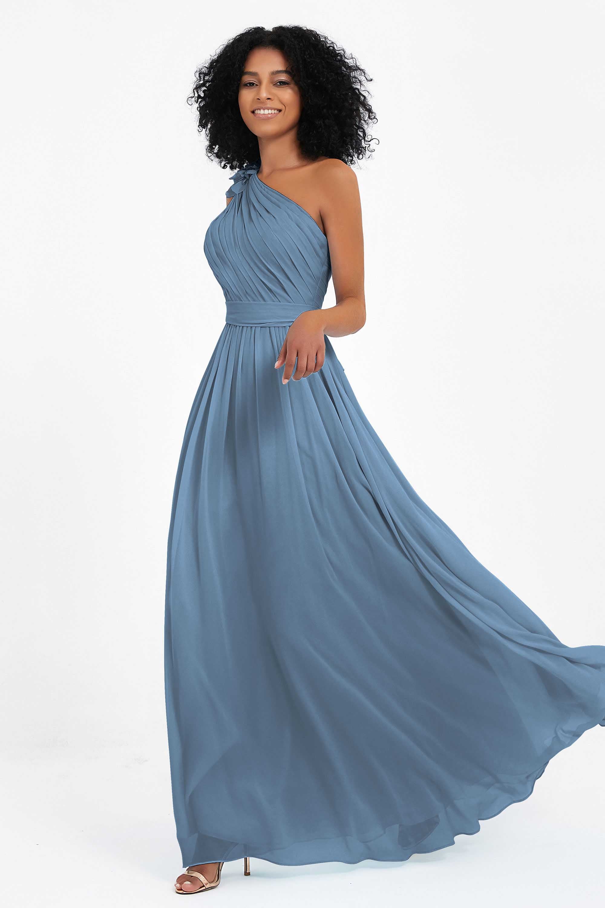 One Shoulder Chiffon Maxi Bridesmaid Dress Ruched Pleated Sleeveless Formal Evening Dresses