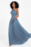 One Shoulder Chiffon Maxi Bridesmaid Dress Ruched Pleated Sleeveless Formal Evening Dresses